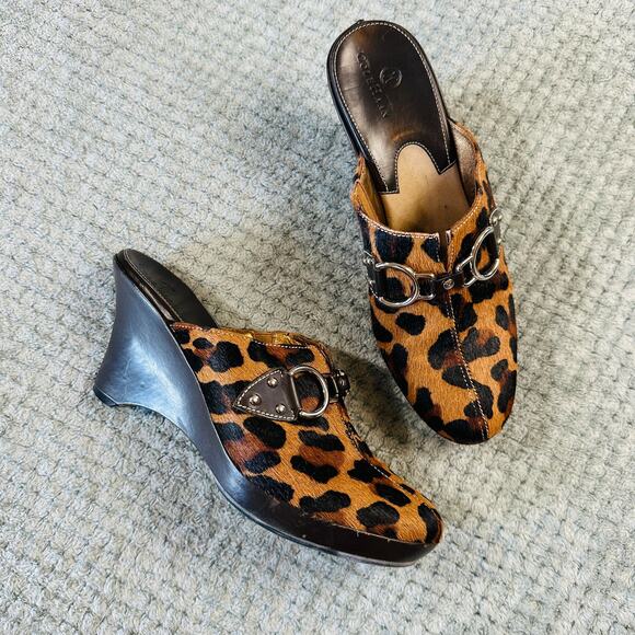 Vintage Cole Haan Leopard Print Calf Hair Chunky Belted Wedge Mule Heel Clog 8.5 - Picture 1 of 6